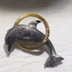 Beautiful Vintage Liz Claiborne Goldtone and brushed Silvertone Dolphin and Hoop
